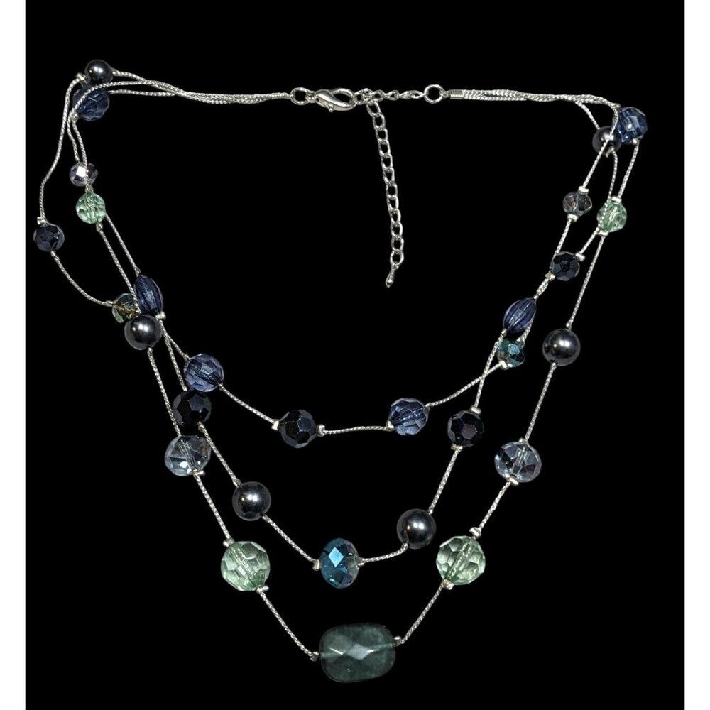 Multilayer Blue And Silver Tone Layered Glass And Faux Pearl Station Necklace